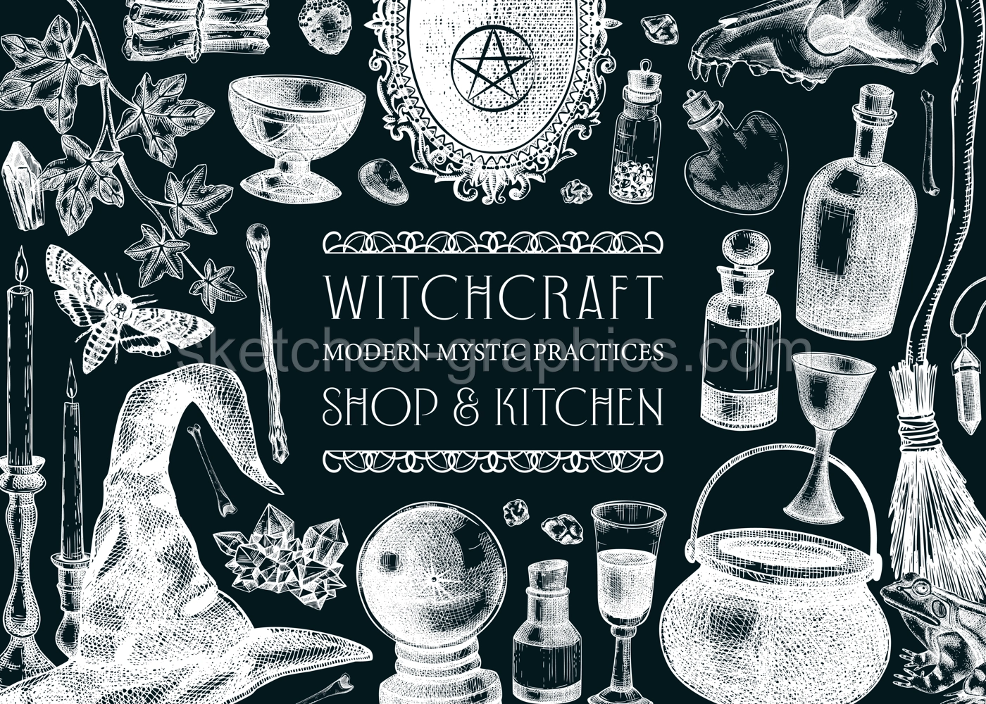 Witchcraft background. Vinatge Halloween sketches. Hand-drawn vector illustration. Antique apothecary design. Witchcraft shop banner. NOT AI generated Illustration